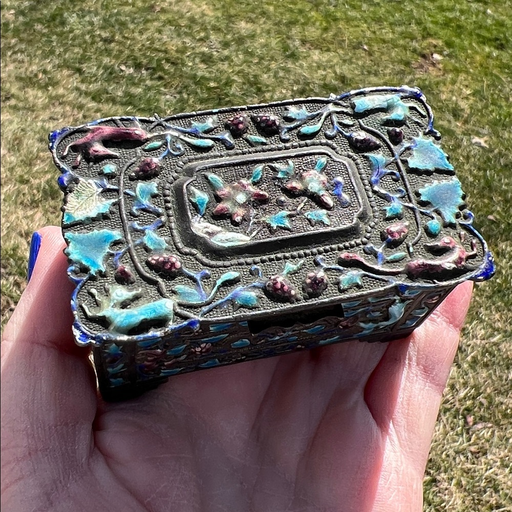Antique Chinese Silver Plated Blue Purple Enamel Stamp Box Trinket Box - Picture 5 of 17